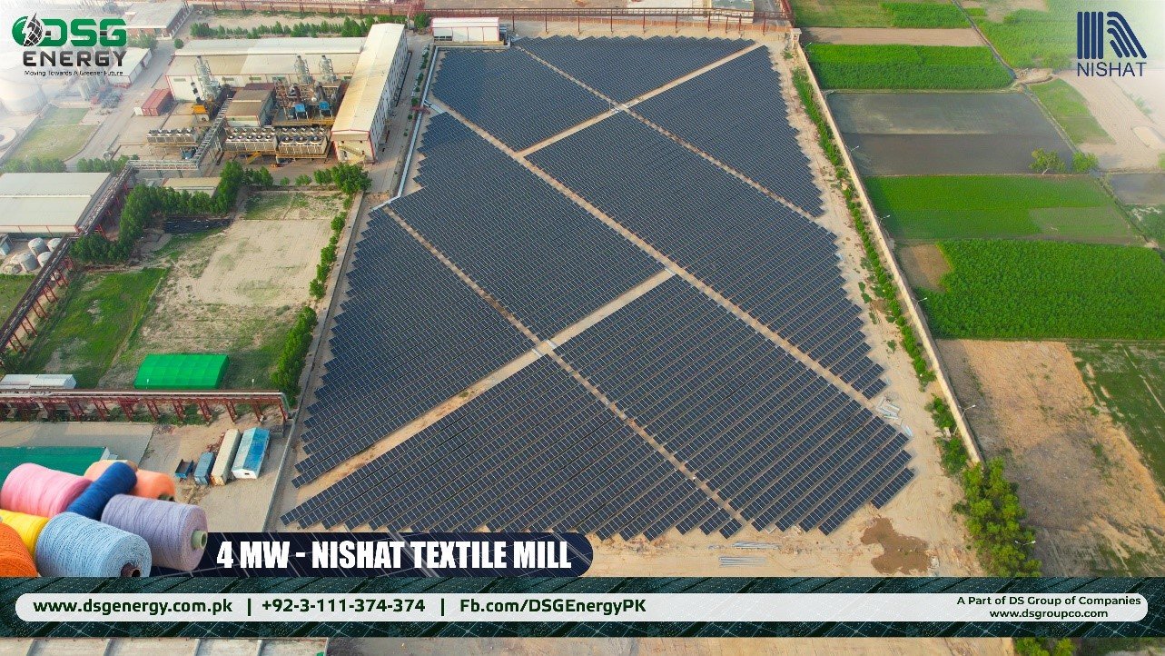 Aerial view of a 4 MW solar power plant at Nishat Group.
